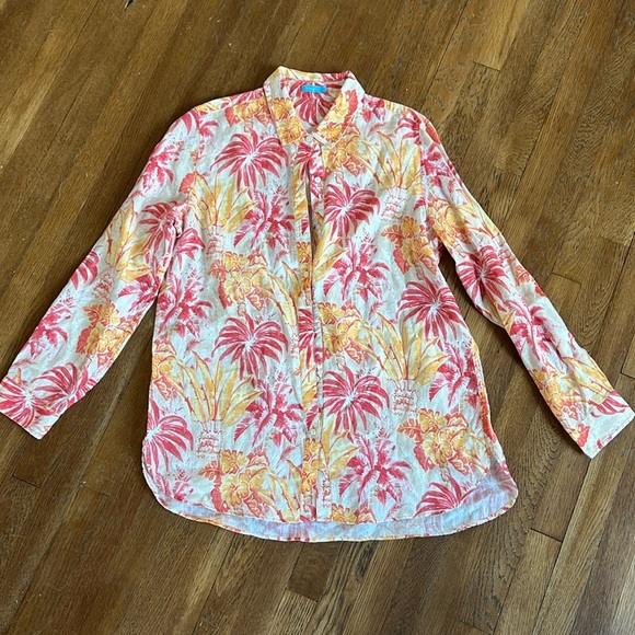 J. McLaughlin Hawaiian Print Linen Button Down Top - Picture 1 of 4